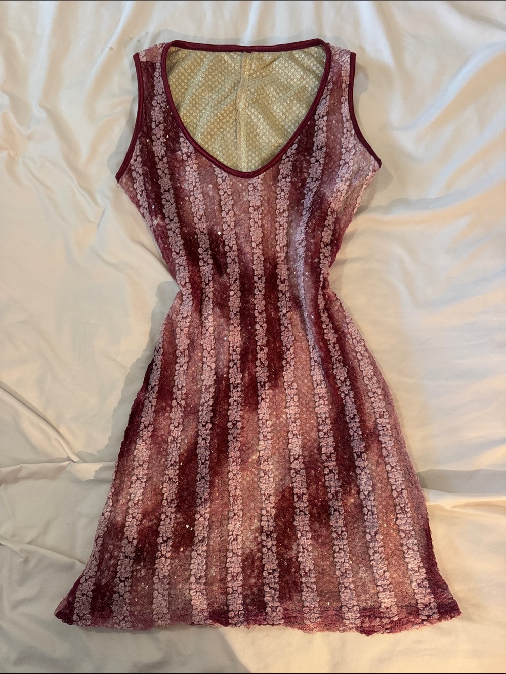 Sleeveless Pink and Burgundy Lace Stripe Dress